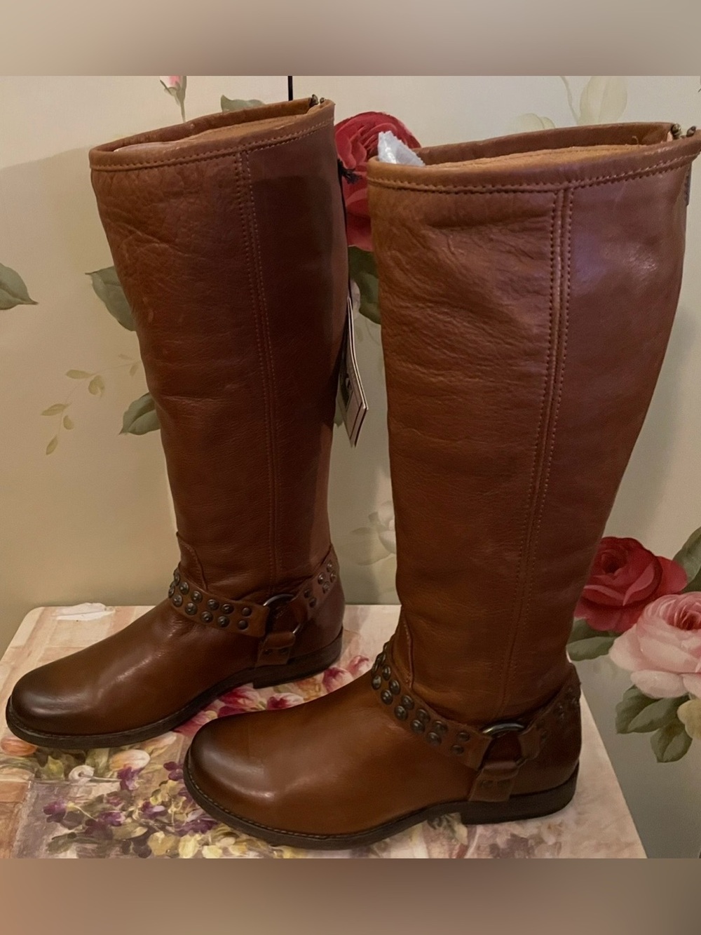 Frye “Phillip Studded Brown LeatherHarness Knee Boots” SZ 7.5